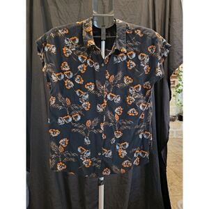 Black Rain Large Black And Orange Women's Short Sleeve Button Up Floral